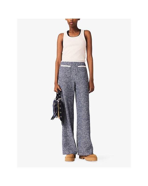 Maje Blue Wide-Leg High-Rise Tweed Trousers