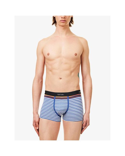 Paul Smith Blue Striped Logo-waistband Stretch-organic Cotton Trunk for men