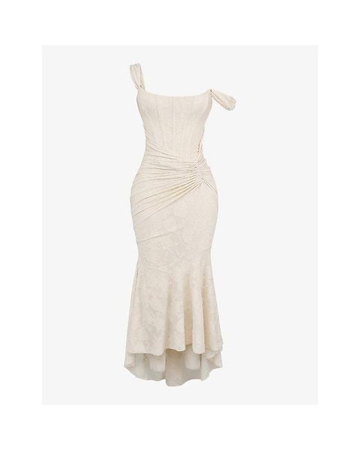 House Of Cb White Cesca Floral-print Corseted Stretch-woven Maxi Dres