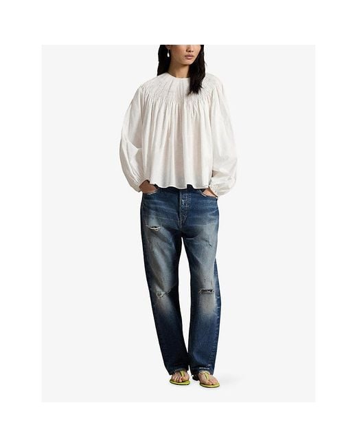 Polo Ralph Lauren White Pintuck Volume-Sleeved Cotton Blouse