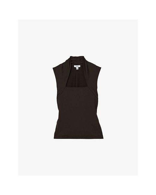 Reiss Black Harri Square-Neck Ruched Stretch-Jersey Top