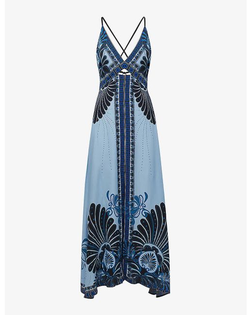 Reiss Blue Emerson Palm-print Woven Maxi Dress