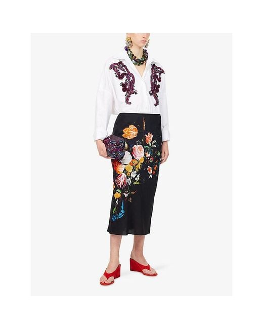 Dries Van Noten Black Floral-Graphic Satin Midi Skirt