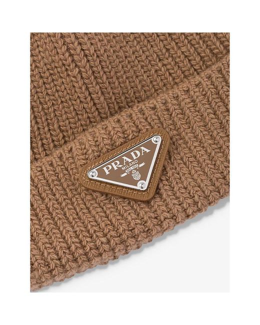 Prada Brown Brand-Plaque Cashmere And Wool-Blend Beanie Hat for men