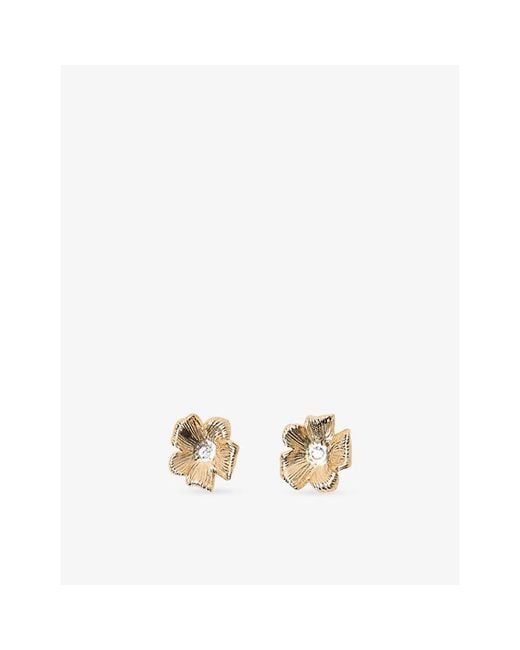 Maje Metallic Flower Brass And Crystal Stud Earrings
