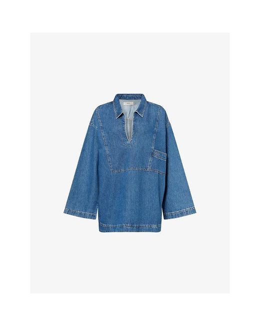 Skall Studio Blue Norma Tunic Open-Neck Cotton Denim Top