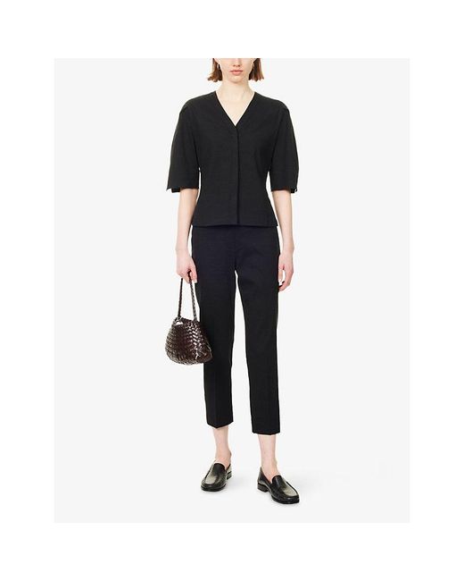 Theory Black Round-Sleeve Linen Top
