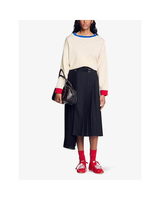 Sandro Black Pleated Asymmetric Woven Midi Skirt