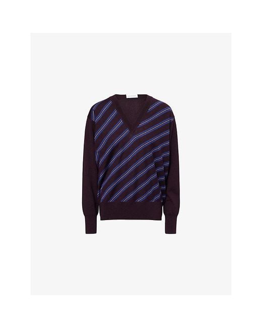 Dries Van Noten Blue Tishana V-Neck Striped Merino-Wool Jumper
