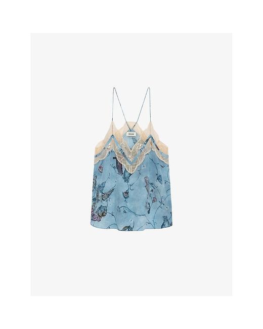 Zadig & Voltaire Blue Christo Lace-embroidered Printed Silk Camisole