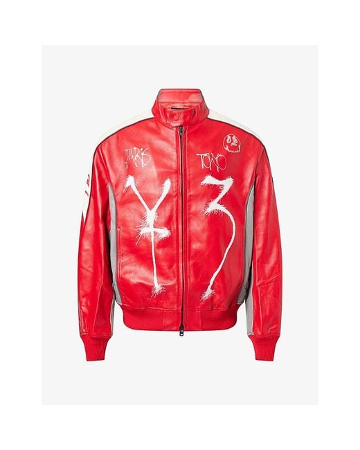 Y-3 Red Chito Graphic-Print Leather Jacket for men