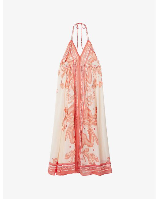 Reiss Pink Delilah Graphic-print Halter-neck Woven Midi Dress