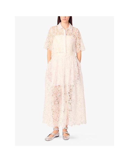 Maje Natural Floral-Pattern Cropped Guipure-Lace Shirt