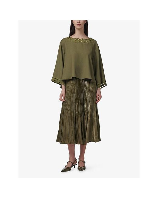 eem Green Pleated Elasticated-Waist Woven Midi Skirt