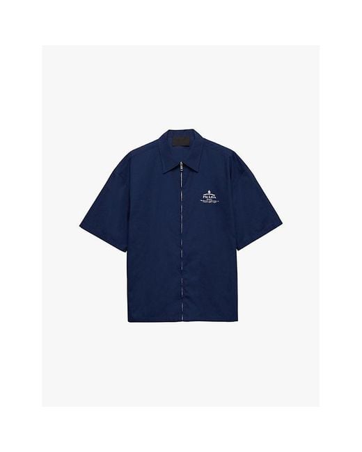 Prada Blue Logo-Embroidered Zip-Up Nylon Shirt for men