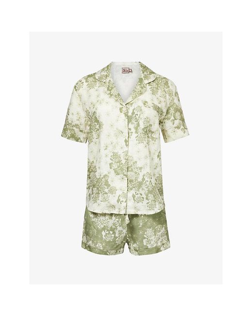 Desmond & Dempsey Green Graphic-print Short Linen Pyjama Set