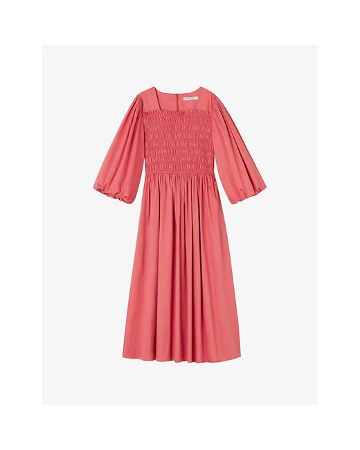 L.K.Bennett Red Calister Puff-sleeve Smocked Cotton Midi Dress