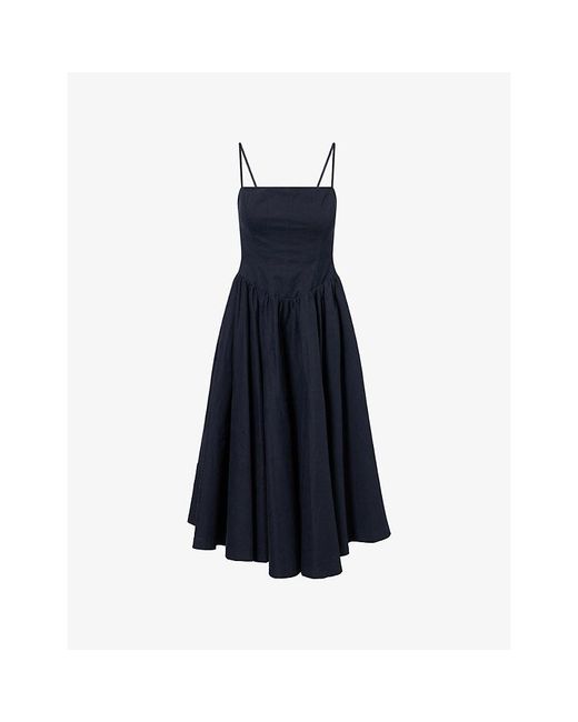 L.A-Space Blue Corseted Square-Neck Cotton Midi Dress