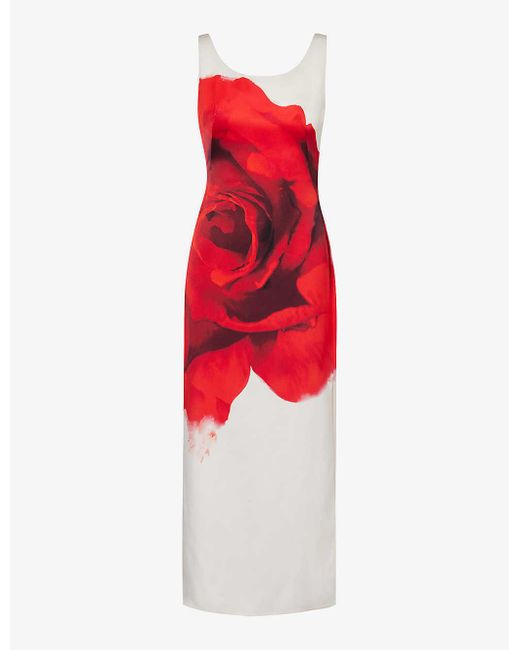 Alexander McQueen Red Graphic-pattern Split-hem Silk Midi Dress