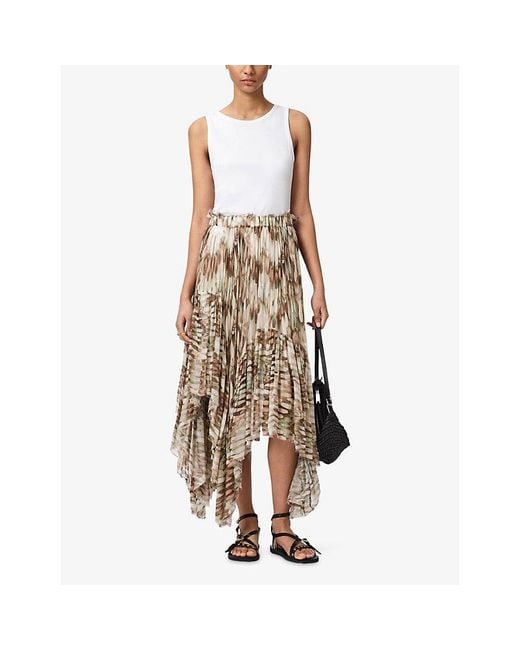 AllSaints Natural Danae Abstract-Print Woven Midi Skirt