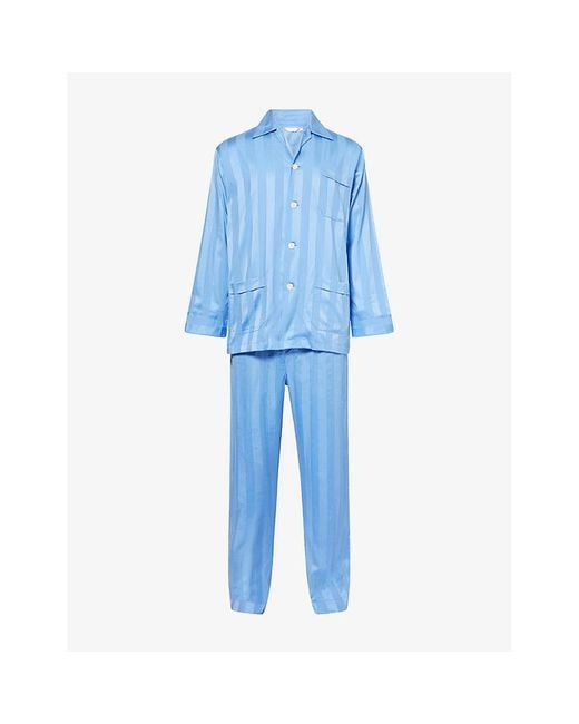 Derek Rose Blue Lingfield Striped Cotton Pyjama Set for men