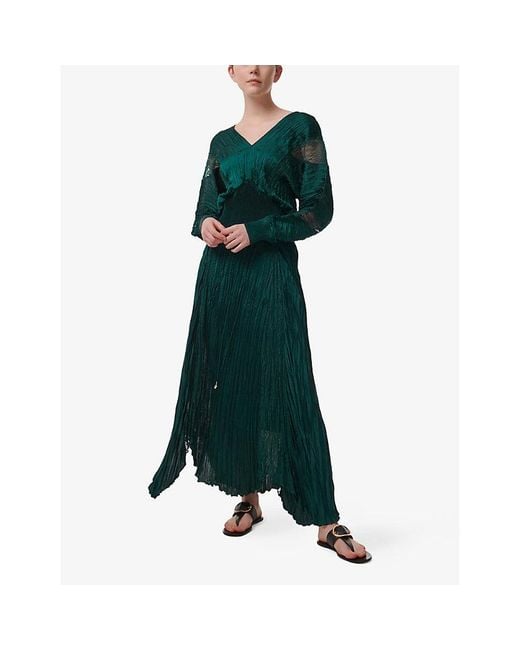 eem Green Lace Insert Plisse Long-Sleeve Woven Top