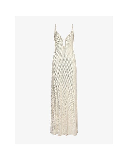 Self-Portrait White Rhinestone-Embellished Fishnet Stretch-Woven Maxi Dress