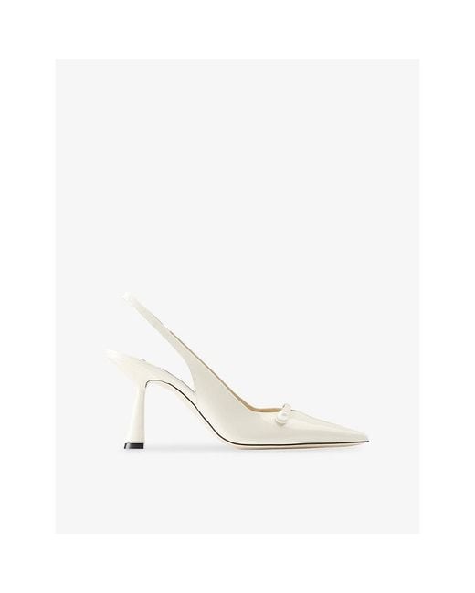 Jimmy Choo White Amita 85 Patent Leather Slingbacks