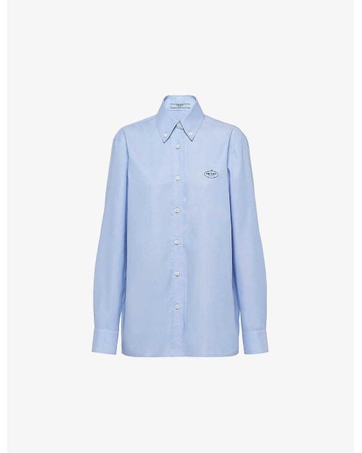 Prada Blue Logo-embroidered Regular-fit Cotton Oxford Shirt