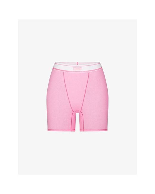 Skims Cotton Rib High-rise Stretch-cotton Boxers in Pink