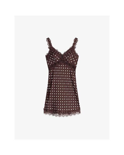 OMNES Brown Allie Star-Print Lace-Trim Satin Mini Dress