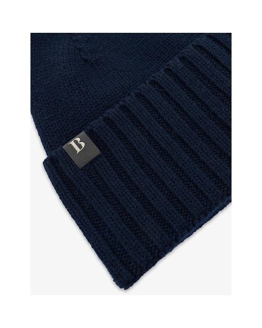 Boggi Blue Logo-Patch Wool-Blend Beanie Hat for men