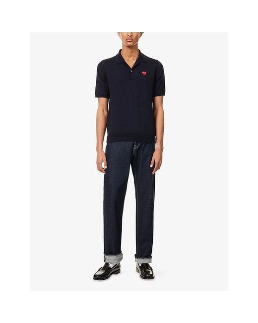COMME DES GARÇONS PLAY Blue Embroidered-Logo Wool-Knit Polo Shirt for men