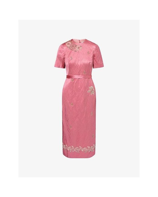 Erdem Pink Embellished Textured Satin Pencil Midi Dress