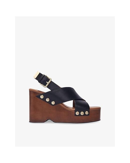 Maje Blue Cross-Strap Stud-Embellished Leather Platform Heeled Sandals