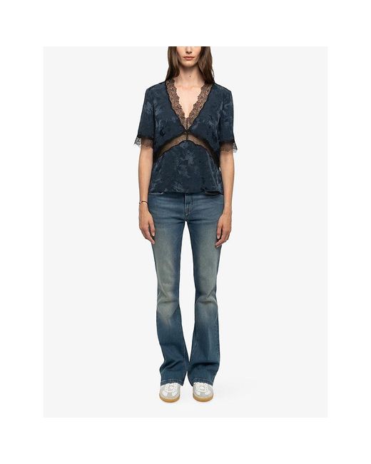 Zadig & Voltaire Blue Tedoxa V-Neck Jacquard-Print Silk Top