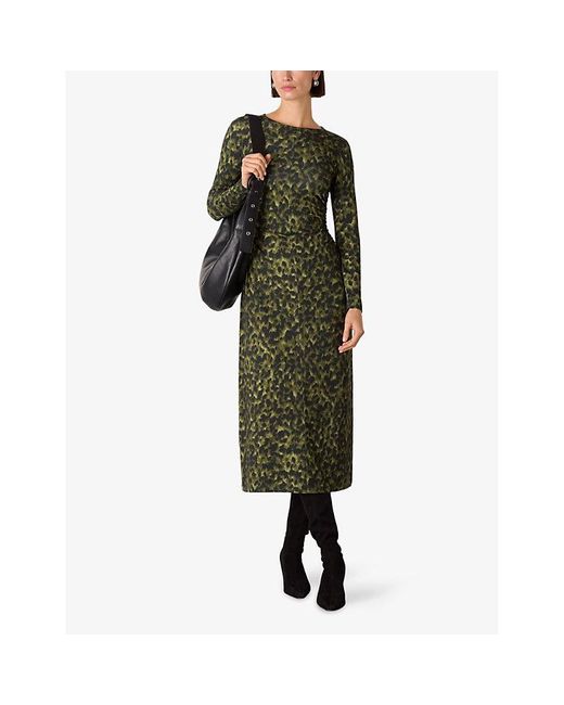 Whistles Green Ruched Animal-Print Stretch-Jersey Midi Dress