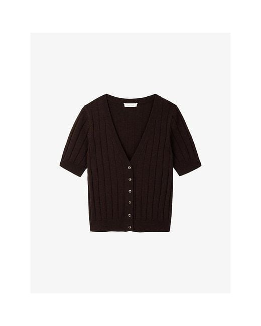 The White Company Black Short Sleeve Ribbed Wool-Blend Cardigan