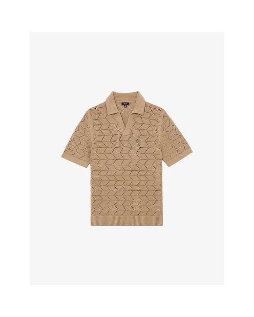Reiss Natural Belford Open-Collar Stitch-Detail Knitted Polo for men