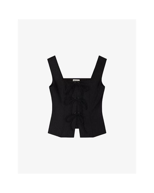 OMNES Black Oprah Lace-Up Linen-Blend Top