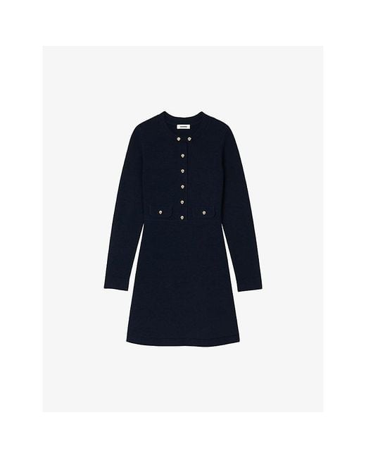 Sandro Blue Long-Sleeved Side-Pocket Knitted Mini Dress