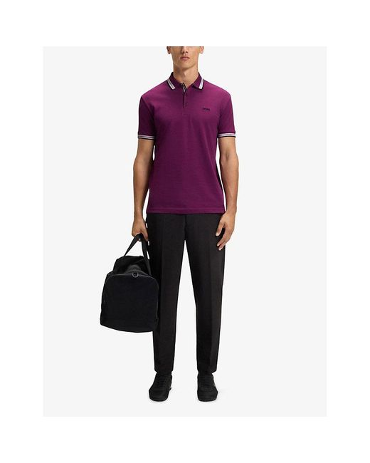 Boss Purple Brand-Embroidered Striped-Trim Cotton-Piqué Polo Shirt for men
