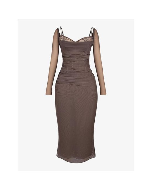 House Of Cb Brown Katarina Corseted Stretch-Woven Maxi Dress