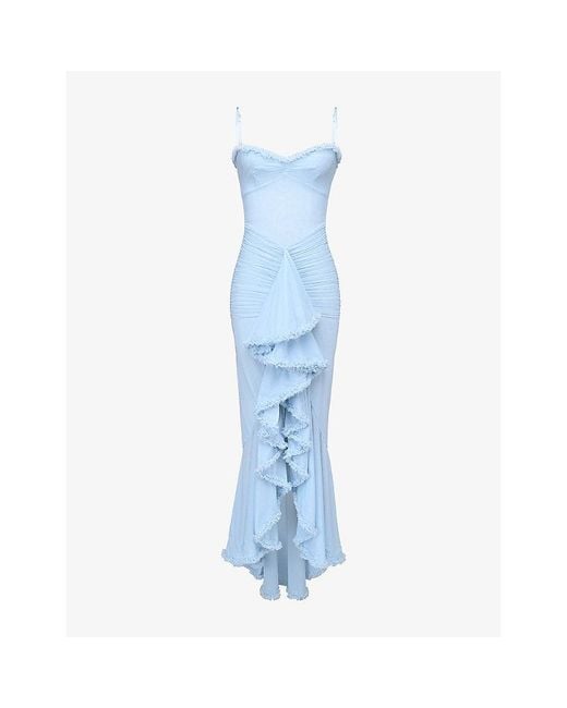 House Of Cb Blue Gabbi Ruffled-Front Slim-Fit Stretch-Mesh Maxi Dress