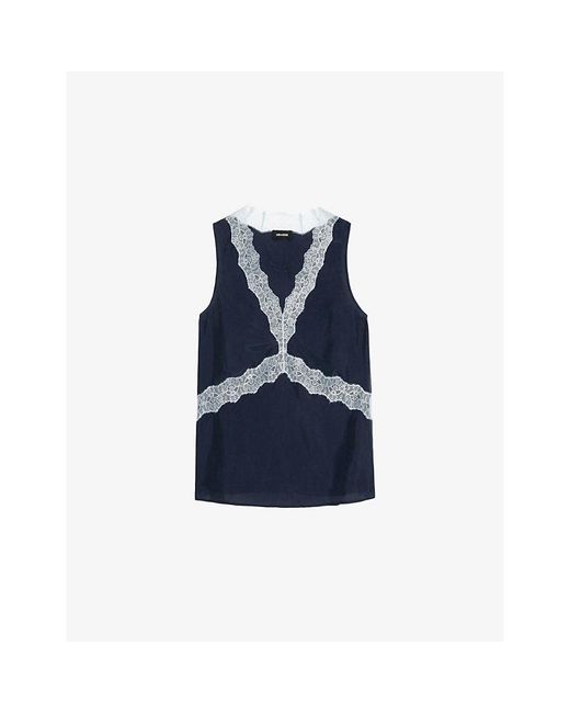 Zadig & Voltaire Blue Tasao Lace-Trim Silk Top