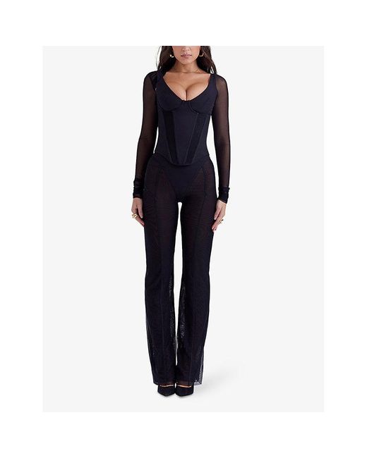 House Of Cb Blue Avalon Sheer Straight-leg High-rise Stretch-woven Trousers