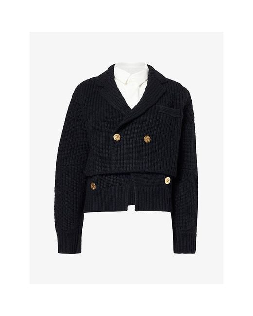 Sacai Black Contrast-Layer Knitted Wool Jacket