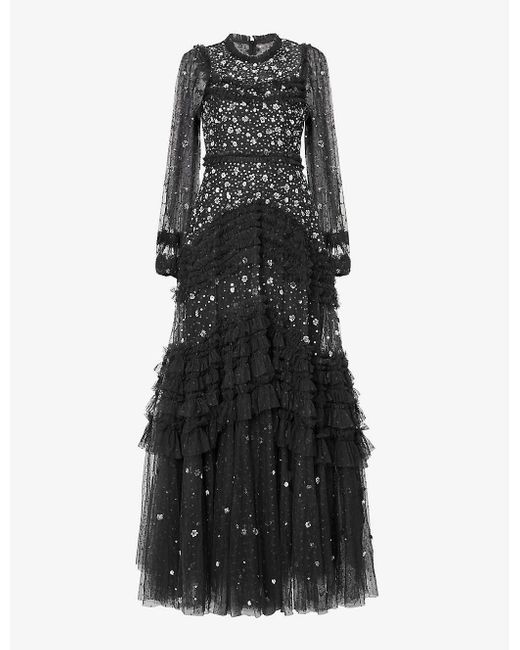 Needle & Thread Black Maybelle Sequin-embellished Ruffle-trim Woven Maxi Dress