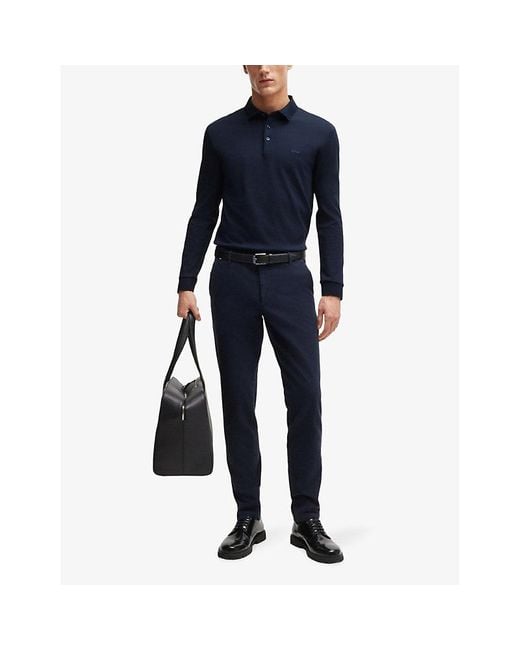 Boss Blue Leisure Long-Sleeved Cotton-Jersey Polo Shirt for men