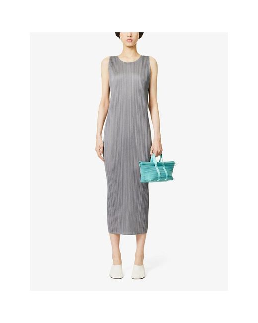 Pleats Please Issey Miyake Gray Pleated Round-neck Knitted Midi Dress